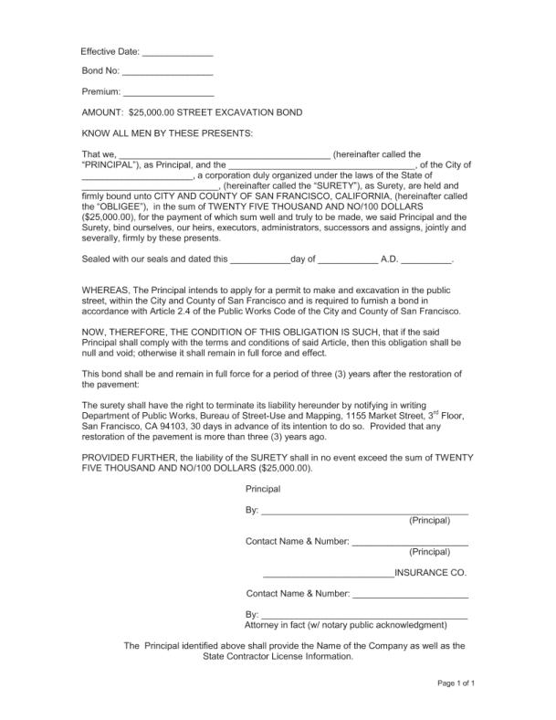 City and County of San Francisco City and County Street Excavation Permit Bond Form