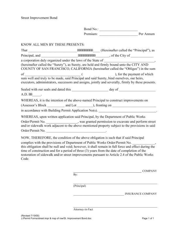 City and County of San Francisco City and County Street Improvement Permit Bond Form