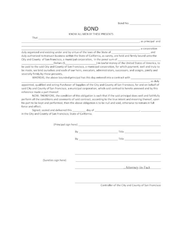 City and County of San Francisco City and County Supply Contract Permit Bond Form