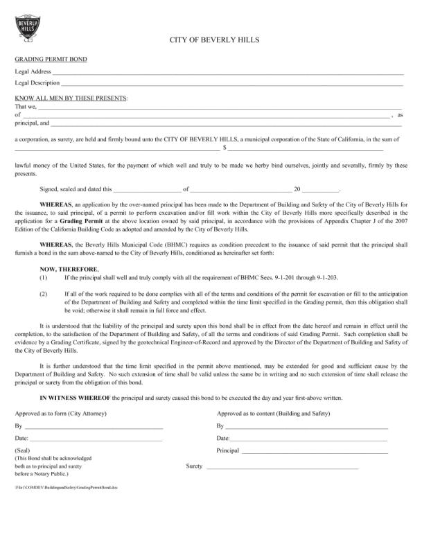 City of Beverly Hills Grading Permit Bond Form