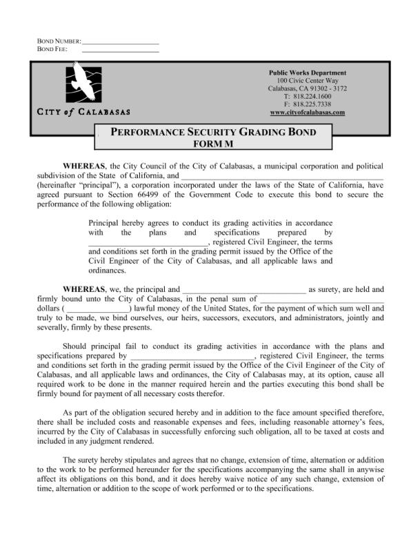 City of Calabasas Grading Permit Bond Form