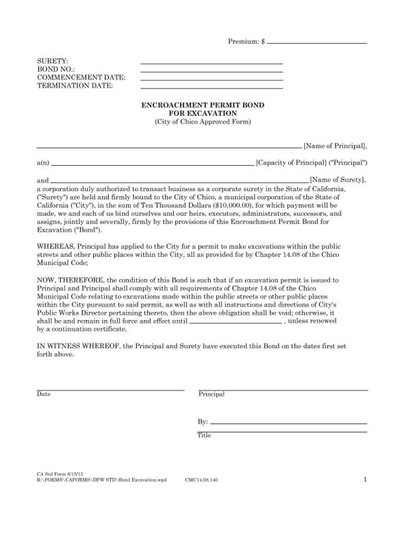 City of Chico Encroachment Permit Bond for Excavation Form