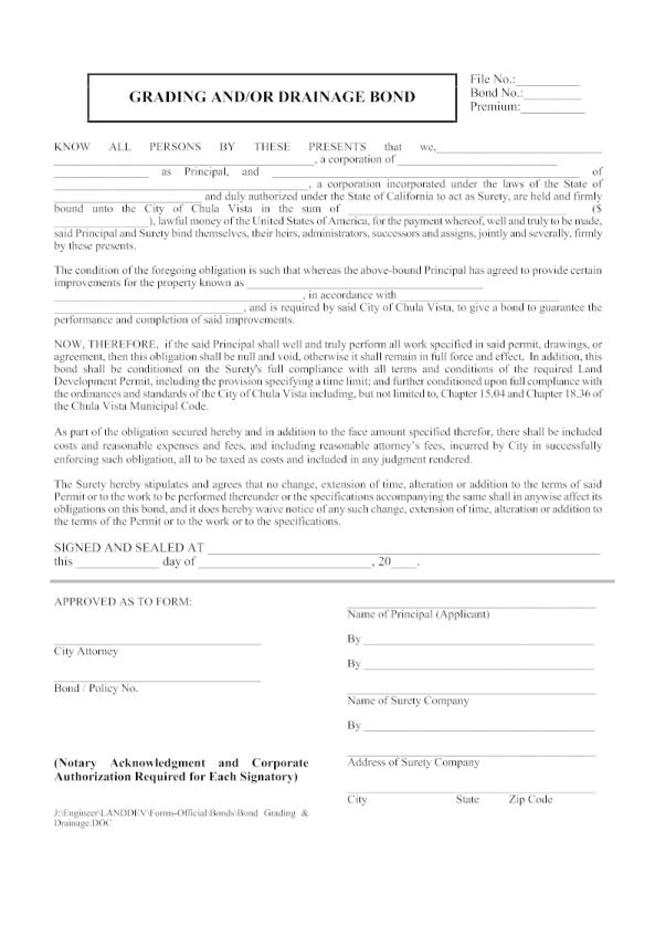 City of Chula Vista Grading Permit Bond Form
