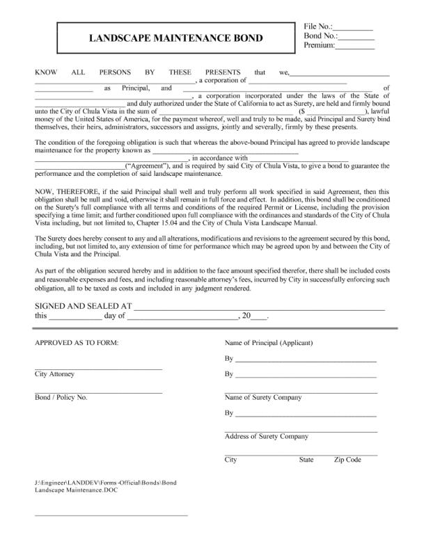 City of Chula Vista Landscape Maintenance Permit Bond Form