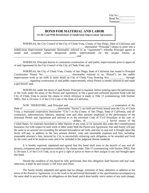 City of Chula Vista Material and Labor Bond with Restatement Subdivision IMP Agreement Form