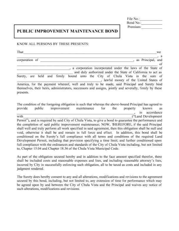 City of Chula Vista Public Improvement Maintenance Permit Bond Form