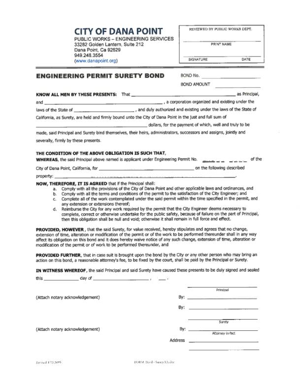 City of Dana Point Grading Permit Bond Form