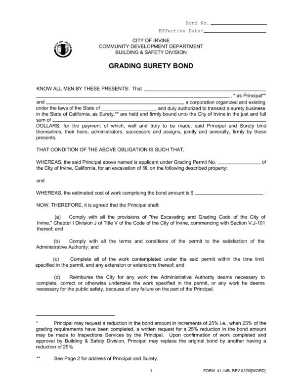 City of Irvine Grading Permit Bond Form