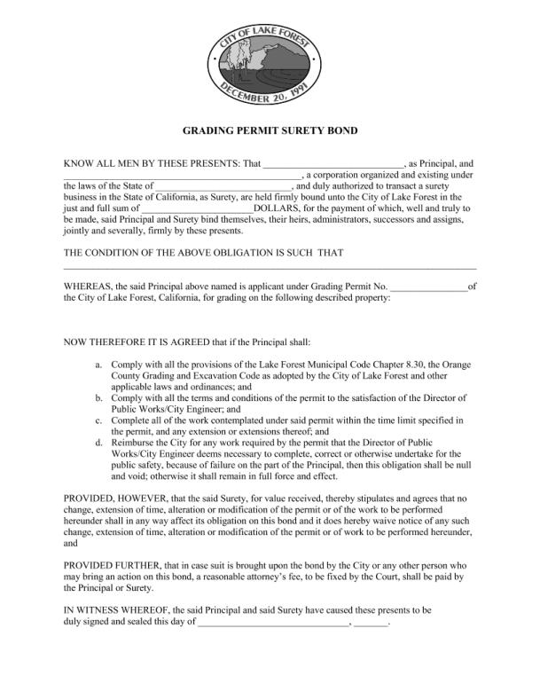City of Lake Forest Grading Permit Bond Form