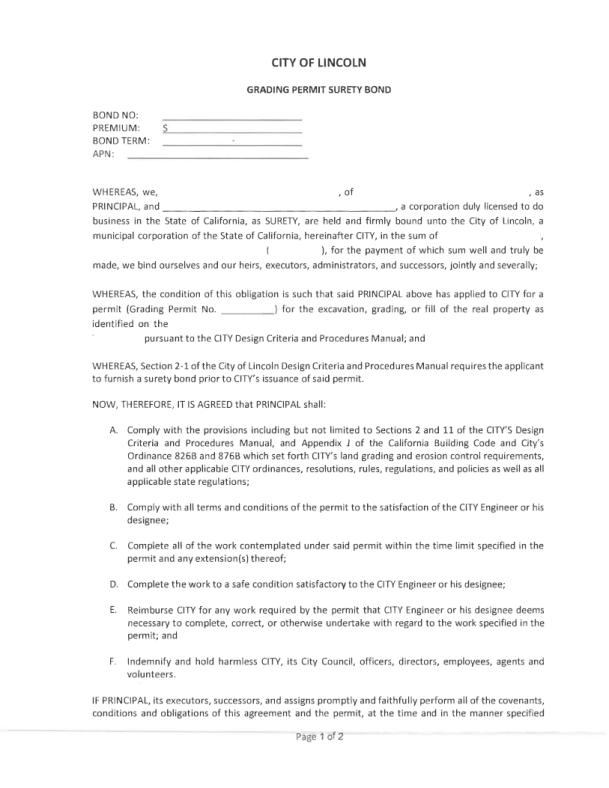 City of Lincoln Grading Permit Bond Form