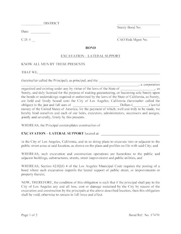 City of Los Angeles Excavation - Lateral Support Permit Bond Form