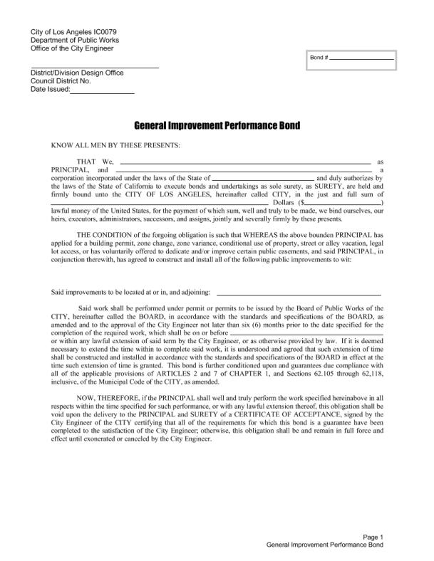 City of Los Angeles General Improvement Permit Bond Form