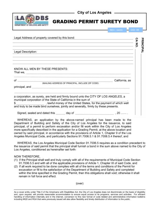 City of Los Angeles Grading Permit Bond Form