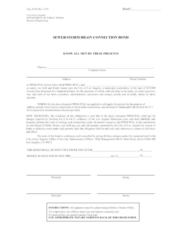 City of Los Angeles Sewer/Storm Drain Connection Permit Bond Form