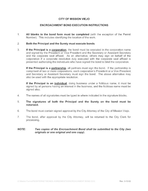 City of Mission Viejo Encroachment Permit Bond Form