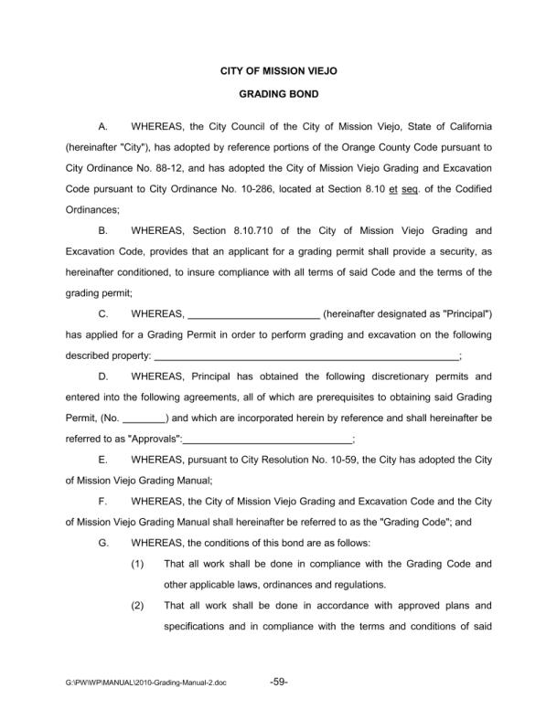 City of Mission Viejo Grading Permit Bond Form