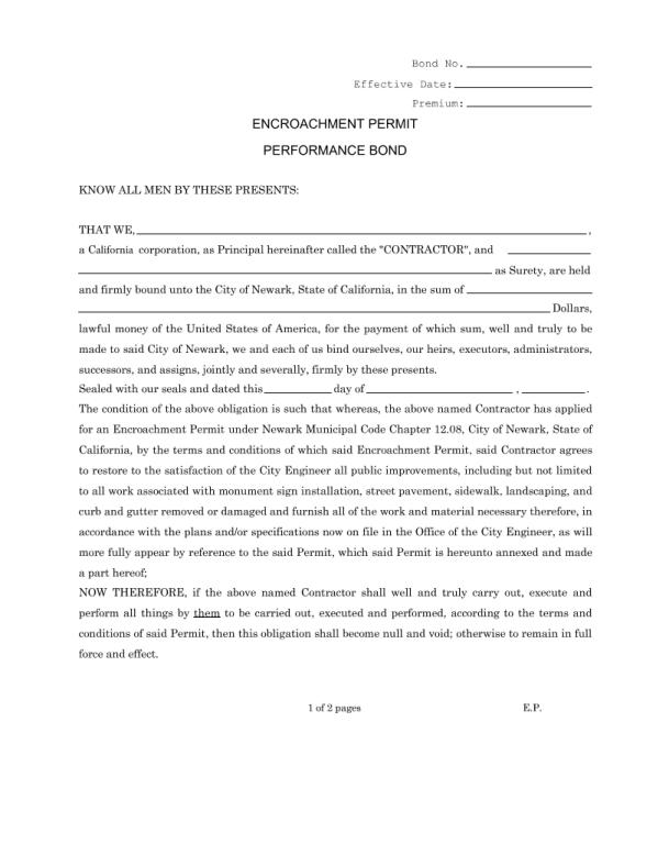 City of Newark Encroachment Permit Bond Form