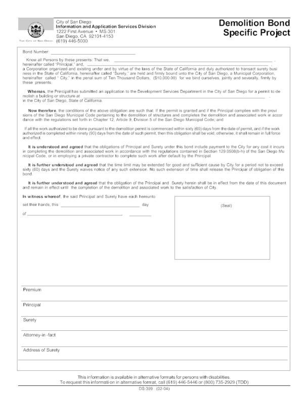 City of San Diego Demolition Permit Bond Form