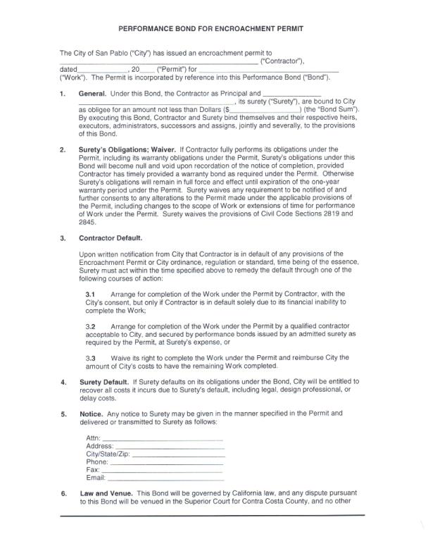 City of San Pablo Encroachment Permit Bond Form