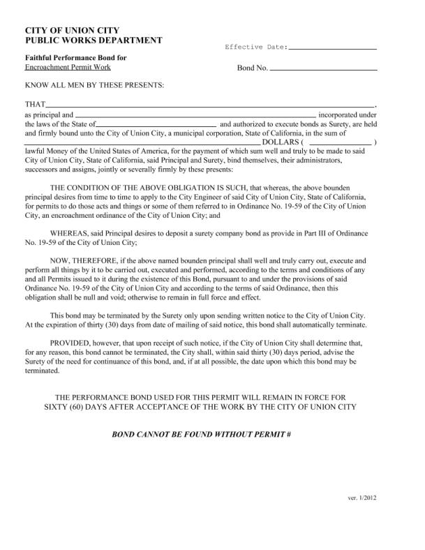 City of Union City Encroachment Permit Bond Form