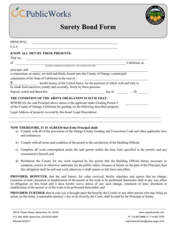 County of Orange Grading Permit Bond Form