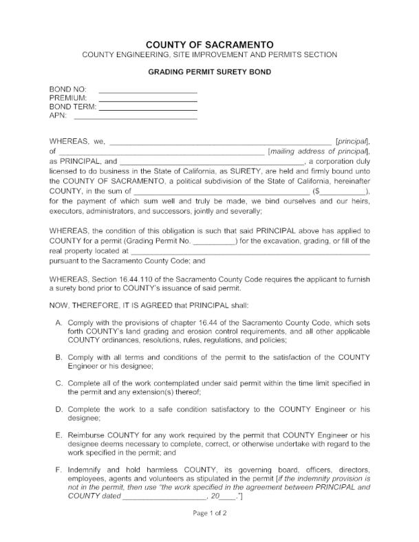 County of Sacramento Grading Permit Bond Form