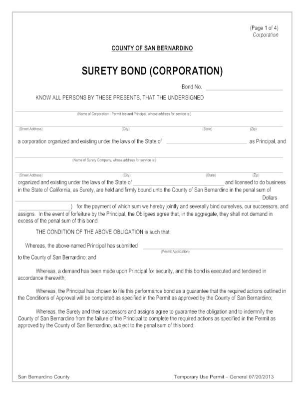 County of San Bernardino Temporary Use Permit Bond Form