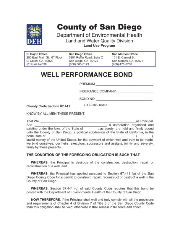 County of San Diego County Well Contractor Permit Bond Form