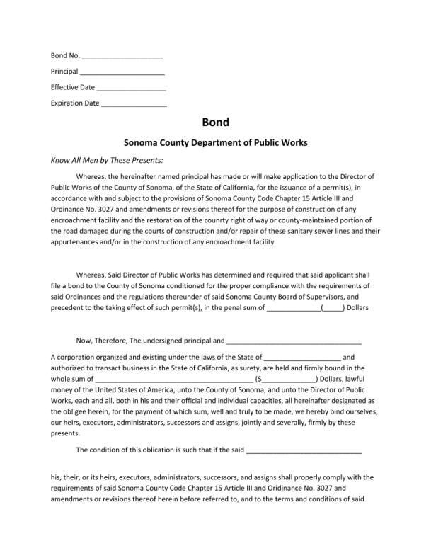 County of Sonoma Encroachment Permit Bond Form