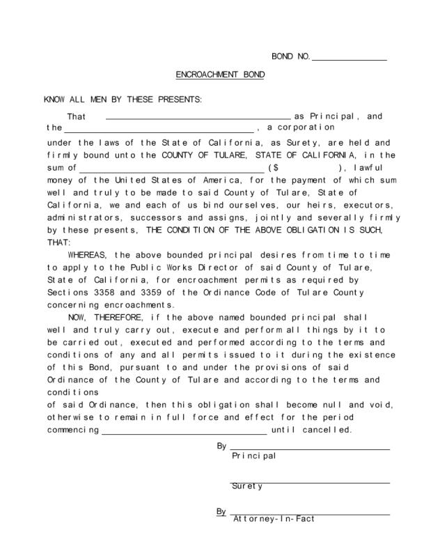 County of Tulare Encroachment Permit Bond Form