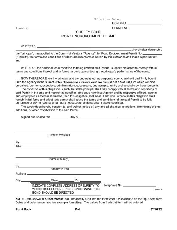 County of Ventura Road Encroachment Permit Bond Form