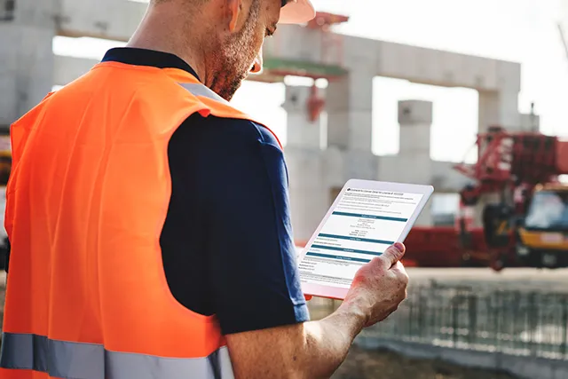 Contractor holding a tablet with a license bond open on the screen