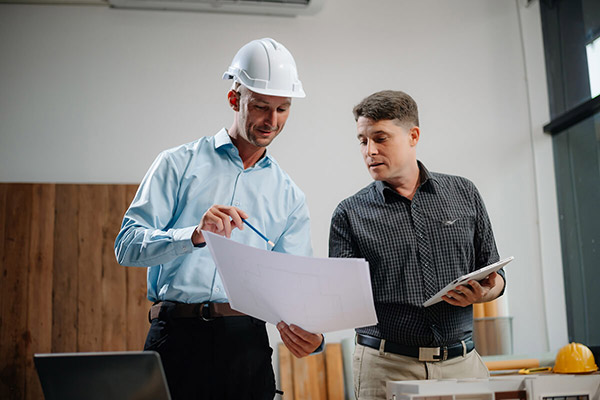 Two construction pros look over paperwork.