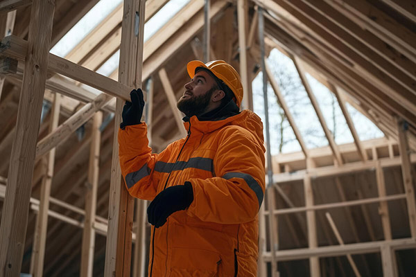 A construction worker in an orange jacket and hard hat looks up while holding a wooden beam in a building frame.