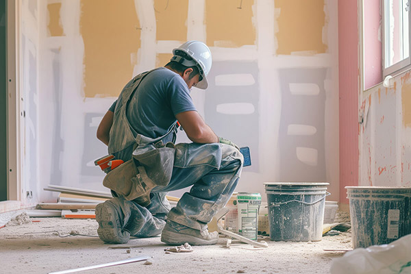 A construction worker in a hard hat and overalls kneels while working in an unfinished room with drywall and tools.
